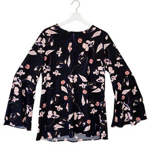Halogen Blouse Womens‎ Large Black/Pink Flare Bell Sleeve Bow Back Floral